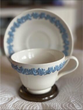 Wedgwood Queensware and Blue Relief Tea Cup and Saucer